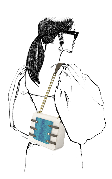Asteria Crossbody bag with metal sling in White & Turquoise leather
